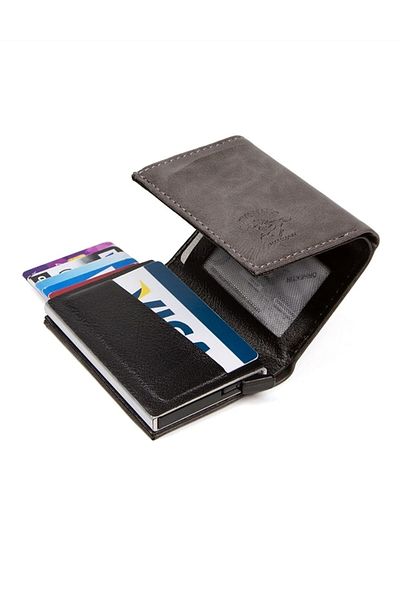 NEWISH POLO ACCESSORIES Gray Leather Mechanism Automatic Slide Card Holder Wallet Rfid Protected Aluminum Mechanism (7CMX10CM)