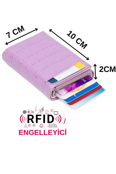 NEWISH POLO ACCESSORIES Lilac Leather Mechanism Automatic Sliding Card Holder Wallet Rfid Protected Aluminum Mechanism (7CMX10CM)