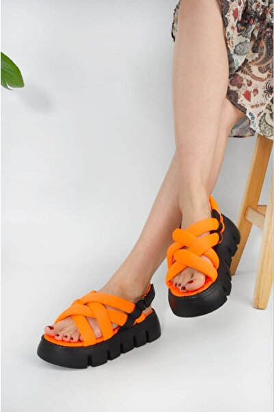 MEVESE Çapraz Bağlı Neon Turuncu Siyah Ortopedik Taban Kadın Sandalet