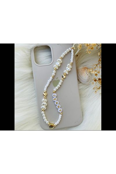 Stoneday Sea Shell Gold Detailed White Pearl Sand Bead Phone Strap Charm Accessory