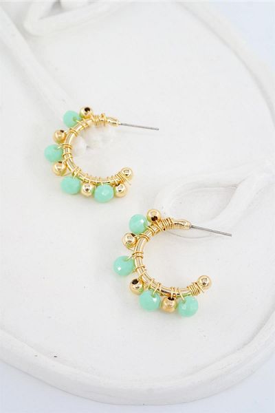 By Zeyna Aksesuar Women's Special Design Water Green Crystal Stone and Beaded 3 Cm Hoop Earrings