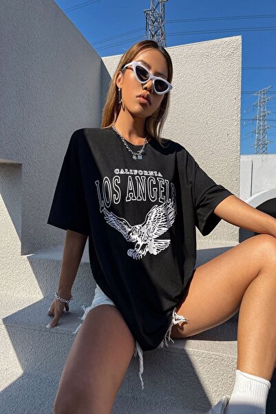 Keywest Γυναικείο μπλουζάκι με μπροστινό εμπριμέ μαύρο oversize California 'l...