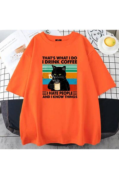 Buğraterzimoda I Drink Coffee Cat Printed Crew Neck Orange Vintage Oversize T-shirt