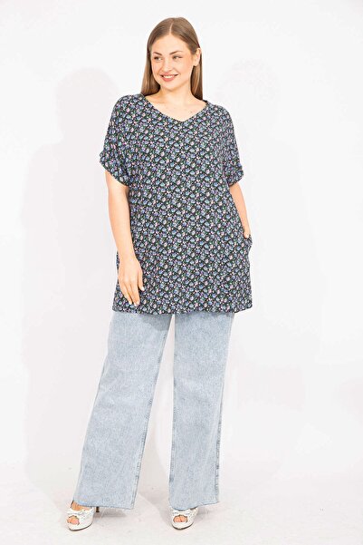 Şans Γυναικεία πολύχρωμη, μεγάλου μεγέθους, υφαντό ύφασμα βισκόζης, V-λαιμόκοψη, διπλό μανίκι μπλούζα 65n35735