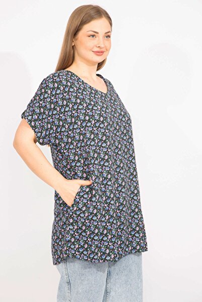 Şans Γυναικεία πολύχρωμη, μεγάλου μεγέθους, υφαντό ύφασμα βισκόζης, V-λαιμόκοψη, διπλό μανίκι μπλούζα 65n35735