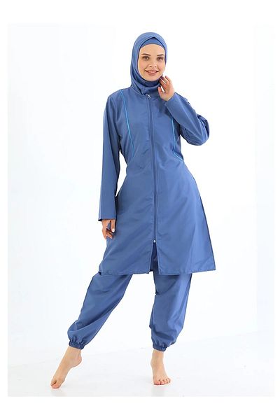 by İGP Women's Blue Zippered Fully Covered Hijab Quick Drying Hijab Hijab Swimsuit