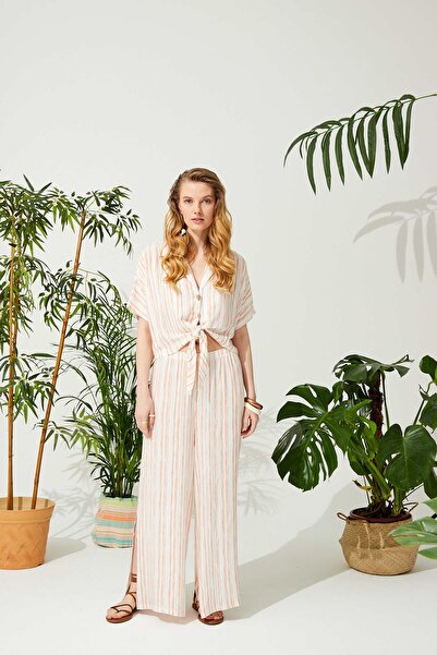 ENNA MODA Line Pattern Summer Blouse Pants Set, Summer Crop Twin Set, Beach Set Beachwear Resortwear