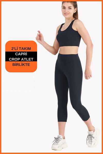 missmaral Women's Navy Blue Sports Set Capri Leggings and Crop Athlete 2-Piece Set New Season Seasonal Capri -crop 3020