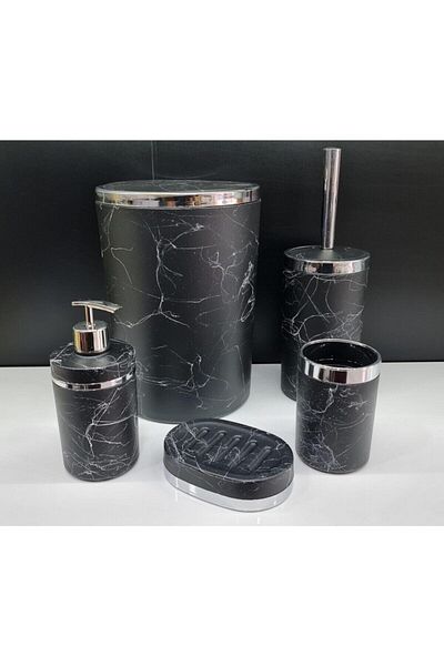 İmera Round Acrylic Bathroom Set - Marble-Granite Pattern, 5 Pieces, Black