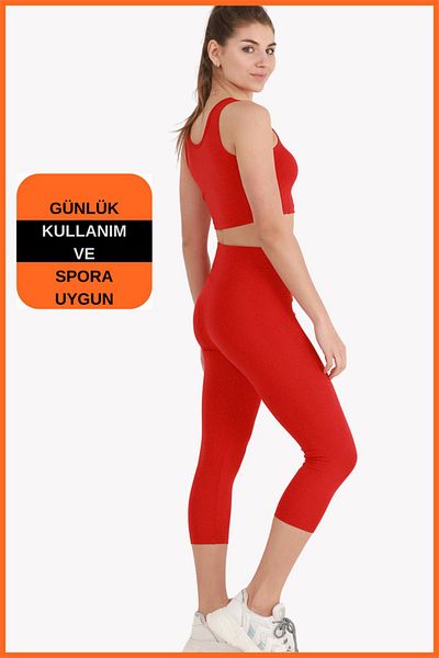 missmaral Women's Red Sports Set Capri Leggings and Crop Undershirt Set of 2 New Season Seasonal Capri -crop 3020