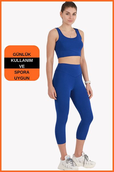 missmaral Women's Sax Blue Sports Set Capri Leggings and Crop Undershirt Set of 2 New Season Seasonal Capri -crop 3020