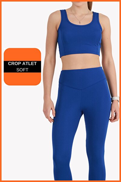 missmaral Women's Sax Blue Sports Set Capri Leggings and Crop Undershirt Set of 2 New Season Seasonal Capri -crop 3020