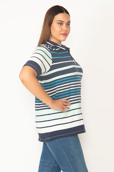 Şans Women's Green Large Size Cotton Fabric Front Patch Zipper Detailed Striped Blouse 65n35722