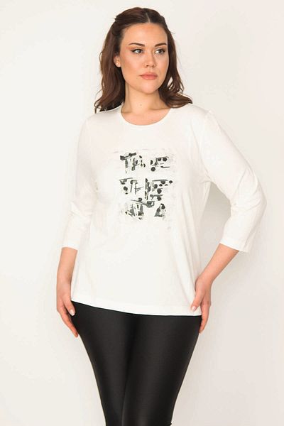 Şans Women's Bone Plus Size Glitter Printed Capri Sleeve Lycra Blouse 65n35706
