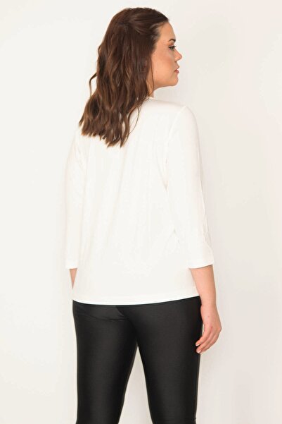 Şans Women's Bone Plus Size Glitter Printed Capri Sleeve Lycra Blouse 65n35706