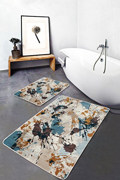 Realhomes مجموعة سجادات الحمام والمطبخ الكلاسيكية الحديثة المكونة من قطعتين مع زخارف فنية حديثة على أرضية ملونة