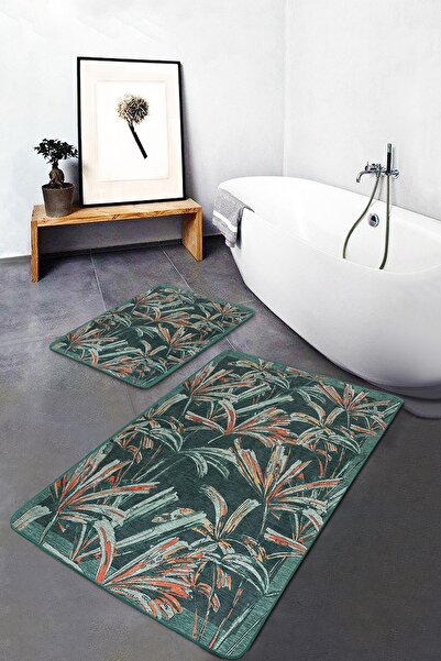 Realhomes Set of 2 Green Floor with Flower Motif Hand-Woven Patterned Summer & Fresh Floral 2-Piece Bath Mat Set
