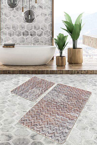 Realhomes Geometric Classic 2-Piece Bathroom & Kitchen Mat Set with Striped Motif and Zigzag Pattern on Red Background