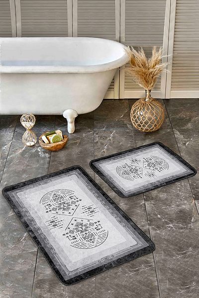 Realhomes Black-Grey Framed Motifed Authentic Patterned Ethnic Motifs Vintage 2-Piece Bath Mat Set on the Floor