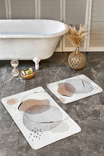 Realhomes مجموعة مكونة من قطعتين باللون الرمادي - البيج، لوحة زيتية تجريدية على القماش، مجموعة سجادة حمام كلاسيكية بوهيمية مكونة من قطعتين