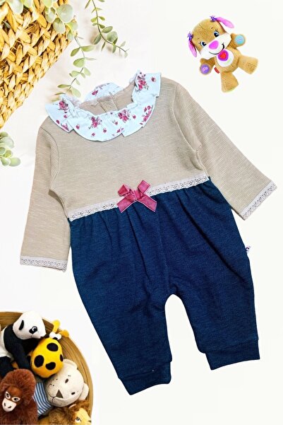 Carmin Baby Kız Bebek Triko Tulum Fistolu Fırfır Yakalı Kurdele Detaylı Bej Renk