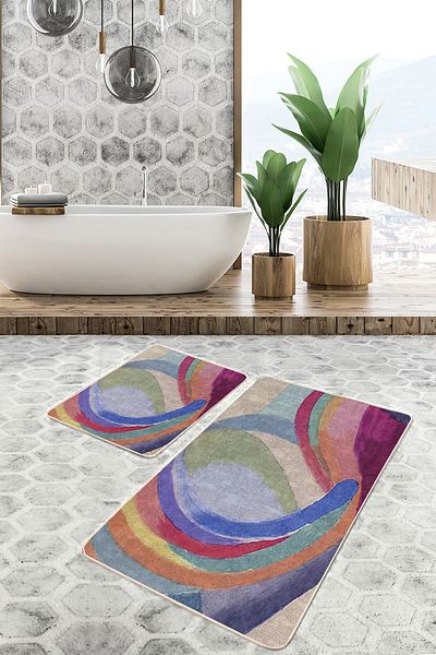 Realhomes Set of 2 Modern 2-Piece Bathroom & Kitchen Mat Set with Water Color Motif on Beige Floor