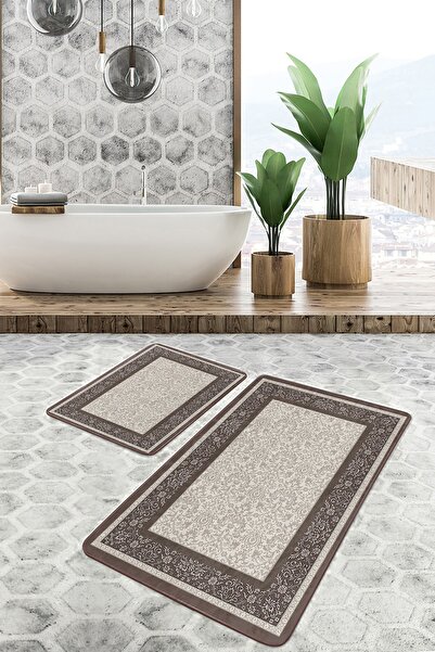 Realhomes كريم - طقم سجادة حمام أفانغارد التقليدية المكونة من قطعتين مع زخرفة مؤطرة على أرضية بنية