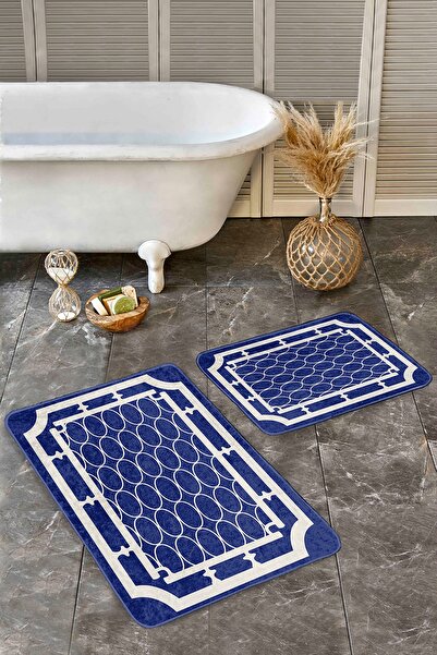 Realhomes مجموعة من 2 سجادة حمام كلاسيكية هندسية مكونة من قطعتين بتصميم هندسي مؤطر على أرضية باللون الأزرق الداكن