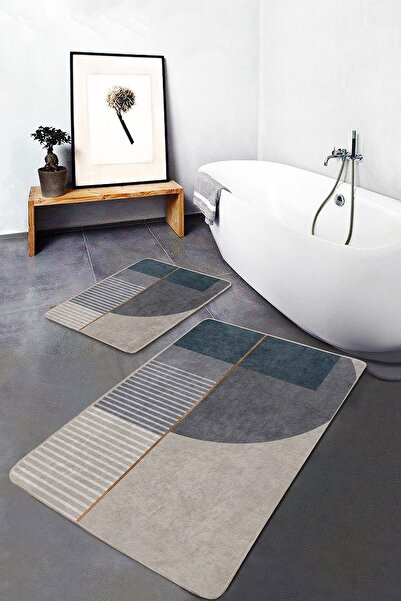 Realhomes Krem - Gri Zeminde Geometrik Motifli Kanvas Geometrik Sade & Şık 2'...