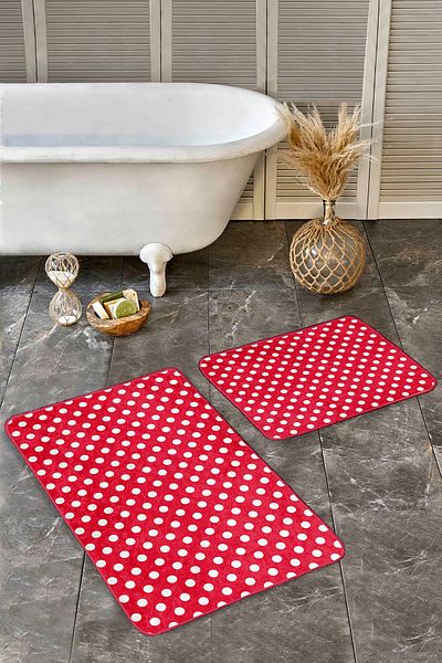 Realhomes Set of 2 Classic Simple & Stylish 2-Piece Bath Mat Set with Geometric Motifs and Polka Dots on Red Floor