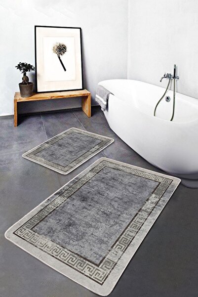 Realhomes 2'li Set Gri Zeminde Çerçeveli Motifli Antik Geometrik Eskitme Moti...