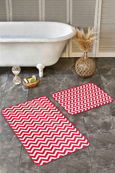 Realhomes Set of 2 Geometric Motif Zigzag Geometric Simple & Stylish 2-Piece Bath Mat Set on Red Floor