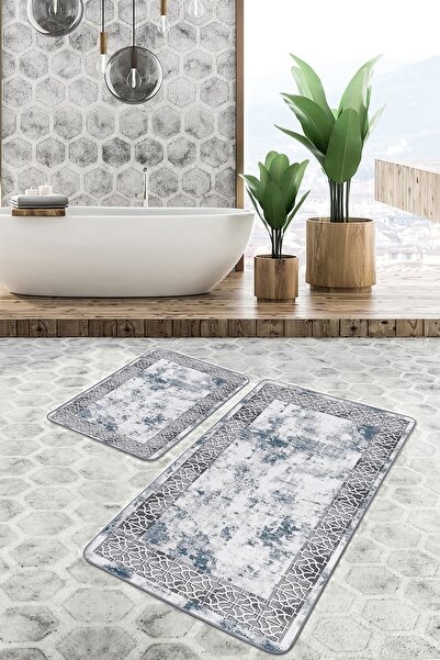 Realhomes طقم سجادة للحمام والمطبخ مكون من قطعتين بتصميم هندسي عتيق مع زخارف مؤطرة على أرضية فيروزية