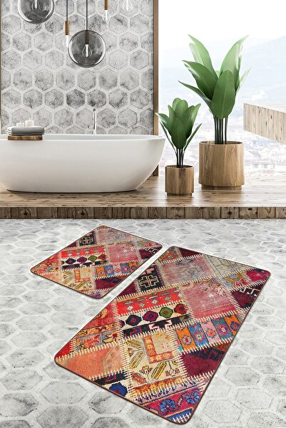 Realhomes Vintage Ethnic Motifs Set of 2 Bath Mat with Patchwork Motif and Traditional Patterns on Red Background