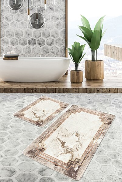 Realhomes طقم سجادة للحمام والمطبخ مكون من قطعتين بتصميم هندسي عتيق من الرخام...