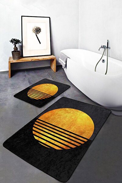 Realhomes طقم مكون من قطعتين باللون الذهبي - طقم سجادة حمام هندسية حديثة مكون من قطعتين بتصميم شمسي على خلفية سوداء