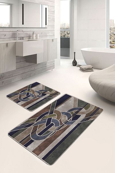 Realhomes Modern Classic 2-Piece Bathroom & Kitchen Mat Set with Modern Art Motif and Knot Pattern on Canvas Floor