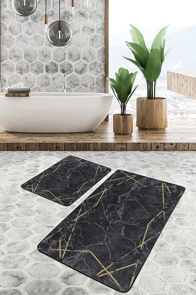 Realhomes Set of 2 Black - Gold Framed Motif Marble Geometric Classic 2-Piece Bathroom Mat Set