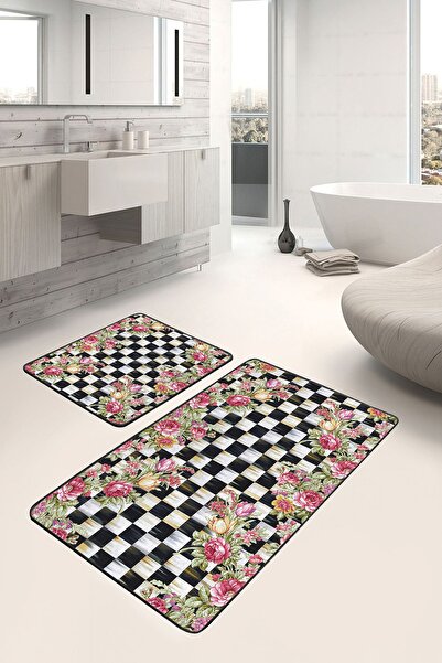 Realhomes 2-Piece Checkered Damask Motif Floral Patterned Geometric 2-Piece B...