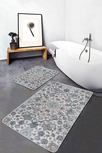 Realhomes Antique Avangarde Ethnic Motifs 2-Piece Bathroom & Kitchen Mat Set with Woven Carpet on Cream Floor