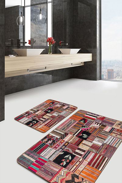 Realhomes Black - White Patchwork Patterned Vintage Simple & Stylish 2-Piece Bath Mat Set with Patchwork Pattern on the Floor