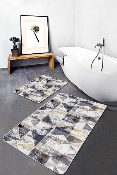 Realhomes Set of 2 Vintage 2-Piece Bath Mat Set with Triangle Motif and Geometric Antique Motif on Ecru Floor