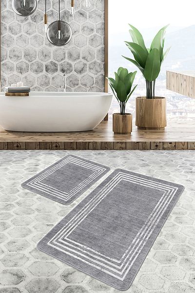 Realhomes Set of 2 Antique Geometric Antique Bath Mat Set of 2 with Framed Motif on Gray Floor