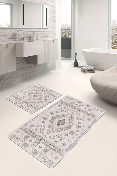 Realhomes Set of 2 Retro Motif on Cream Floor Woven Pattern Avangarde Antique Motif 2-Piece Bath Mat Set