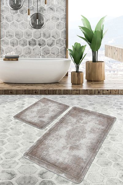 Realhomes Set of 2 Beige Background Woven Carpet Motif Butler Avangarde Antique Motif 2-Piece Bath Mat Set