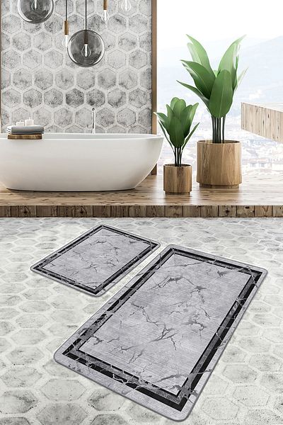 Realhomes Black Gray Framed Motif Marble Geometric Antique Motif 2-Piece Bathroom Kitchen Mat Set