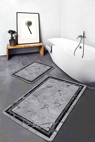 Realhomes Black Gray Framed Motif Marble Geometric Antique Motif 2-Piece Bathroom Kitchen Mat Set