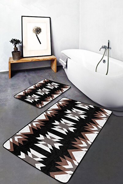 Realhomes 2-Piece Bath Mat Set with Ethnic Motif and Traditional Patterned Ethnic Motifs on Black Brown Floor