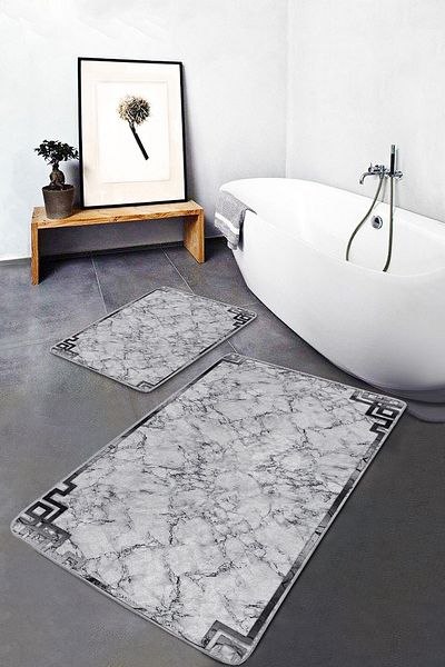 Realhomes Gray - Black Framed Motif Marble Patterned Classic Antique Motif 2-Piece Bathroom Mat Set