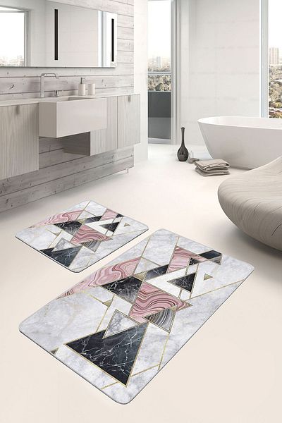 Realhomes Set of 2 Geometric Patterned with Triangle Motifs on Marble Floor, Simple & Stylish 2-Piece Bath Mat Set